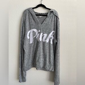 pink victoria’s secret super soft hoodie in light feathered gray
